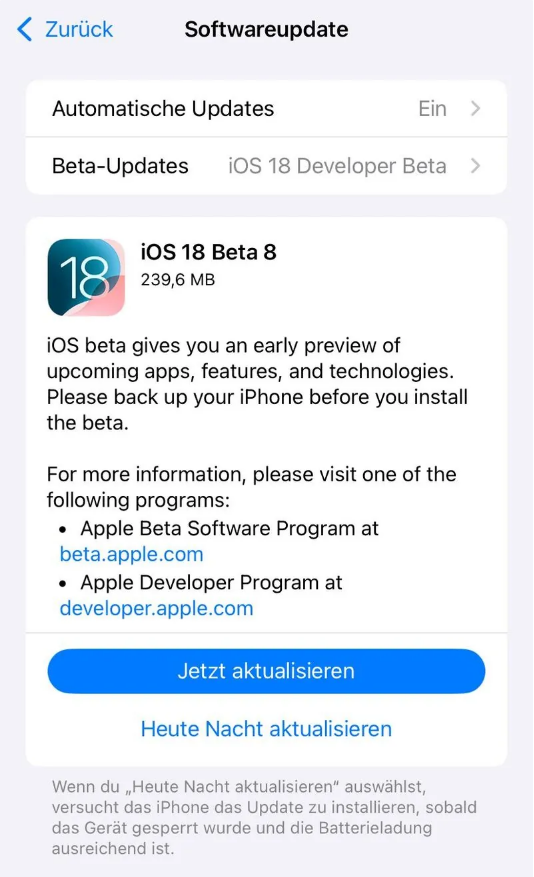瑞丽苹果手机维修分享苹果 iOS / iPadOS 18 开发者预览版 Beta 8 发布 